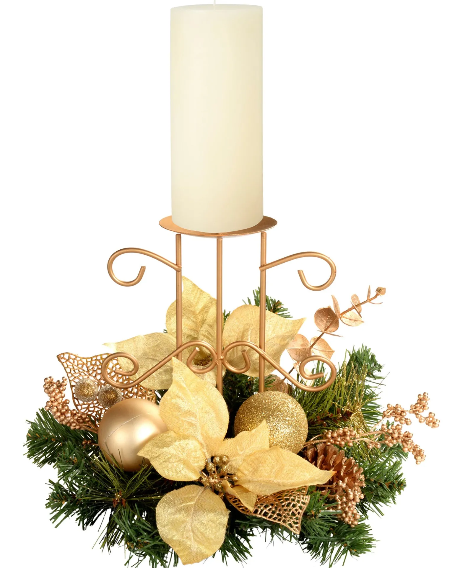 Decorated Table Centre Piece Candle Holder - Cream/ Gold, Single Pillar