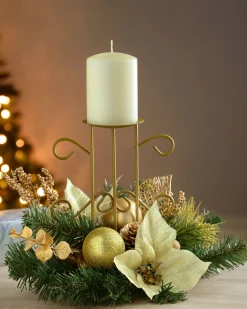 Decorated Table Centre Piece Candle Holder - Cream/ Gold, Single Pillar