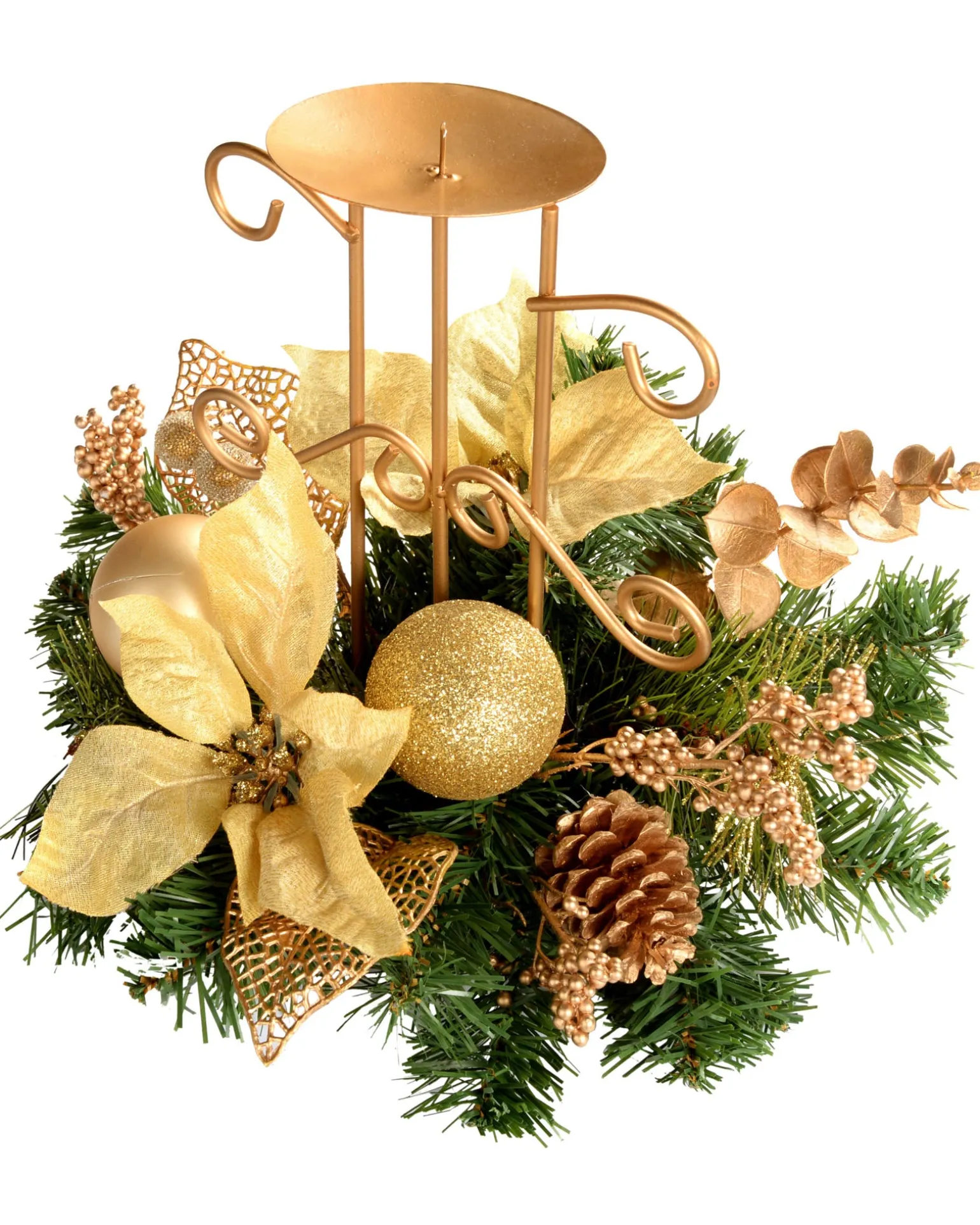 Decorated Table Centre Piece Candle Holder - Cream/ Gold, Single Pillar