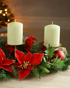 Decorated Table Centre Piece Candle Holder - Red/Gold, 3 Pillar