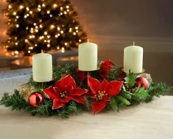 Decorated Table Centre Piece Candle Holder - Red/Gold, 3 Pillar