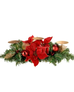Decorated Table Centre Piece Candle Holder - Red/Gold, 3 Pillar