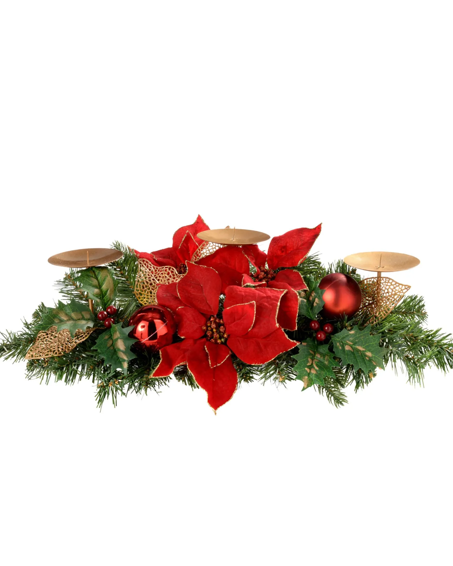 Decorated Table Centre Piece Candle Holder - Red/Gold, 3 Pillar
