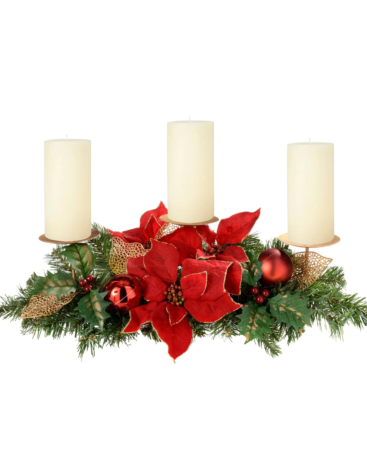 Decorated Table Centre Piece Candle Holder - Red/Gold, 3 Pillar