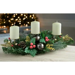 Decorated Table Centre Piece Garland Candle Holder - Red/ Gold, 3 Pillar
