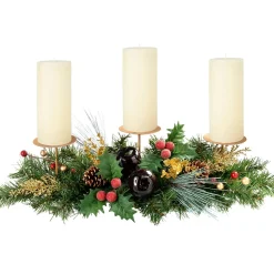 Decorated Table Centre Piece Garland Candle Holder - Red/ Gold, 3 Pillar