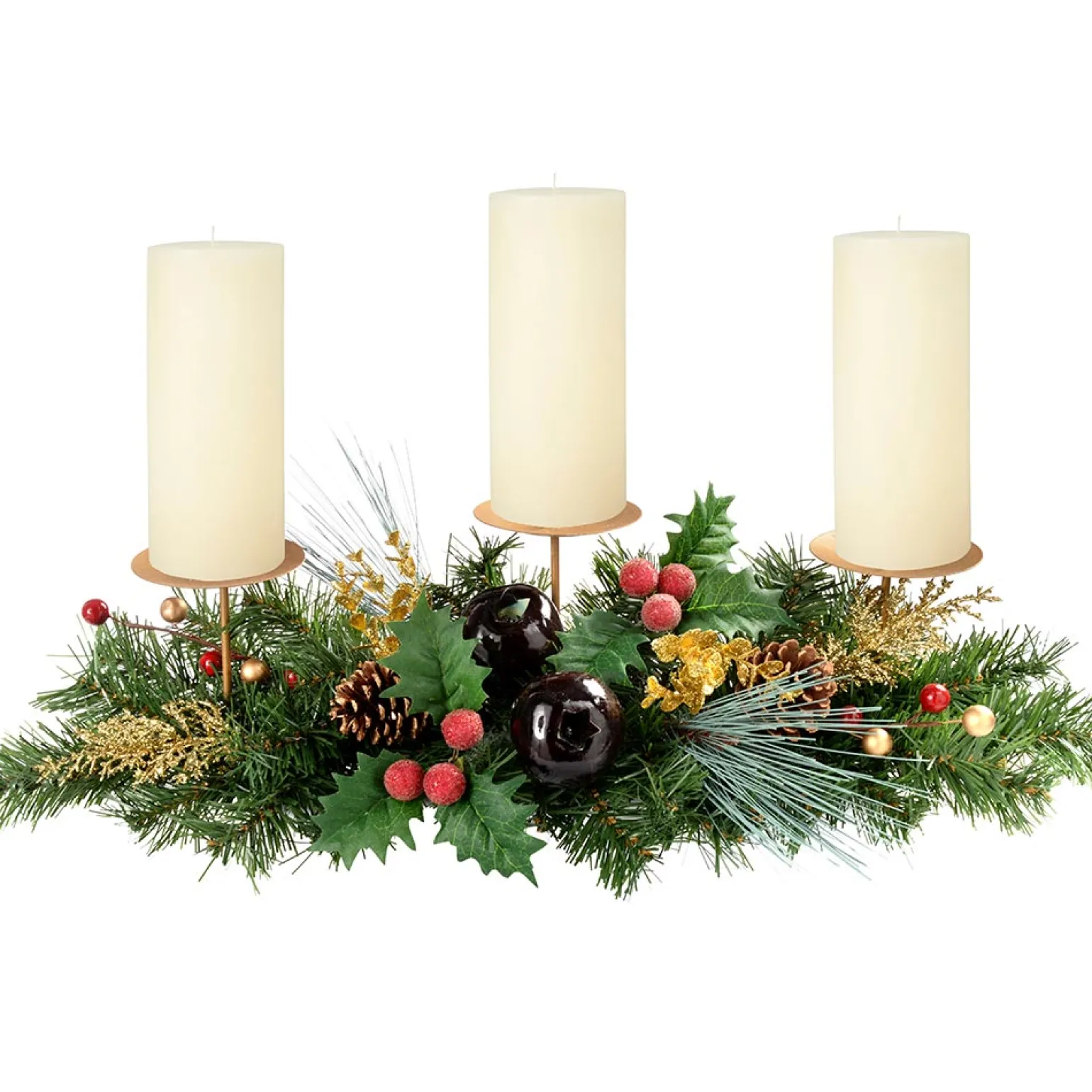 Decorated Table Centre Piece Garland Candle Holder - Red/ Gold, 3 Pillar