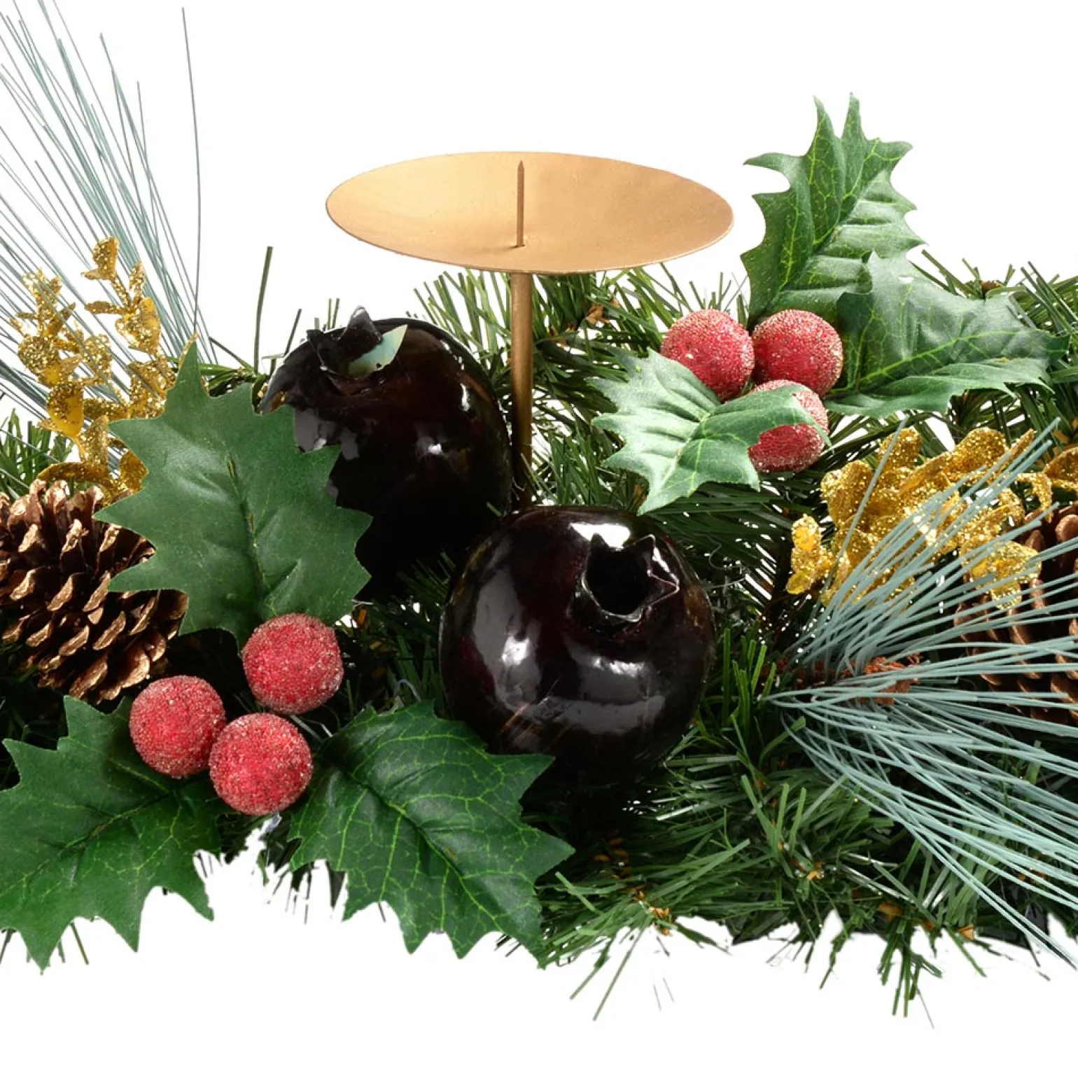 Decorated Table Centre Piece Garland Candle Holder - Red/ Gold, 3 Pillar