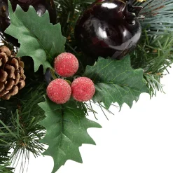 Decorated Table Centre Piece Garland Candle Holder - Red/ Gold, 3 Pillar