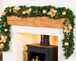 Extra Thick Decorated Garland, Cream/Gold, 9 Ft