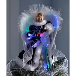 Fibre Optic Angel Christmas Tree Topper, Black/Silver, 25 Cm
