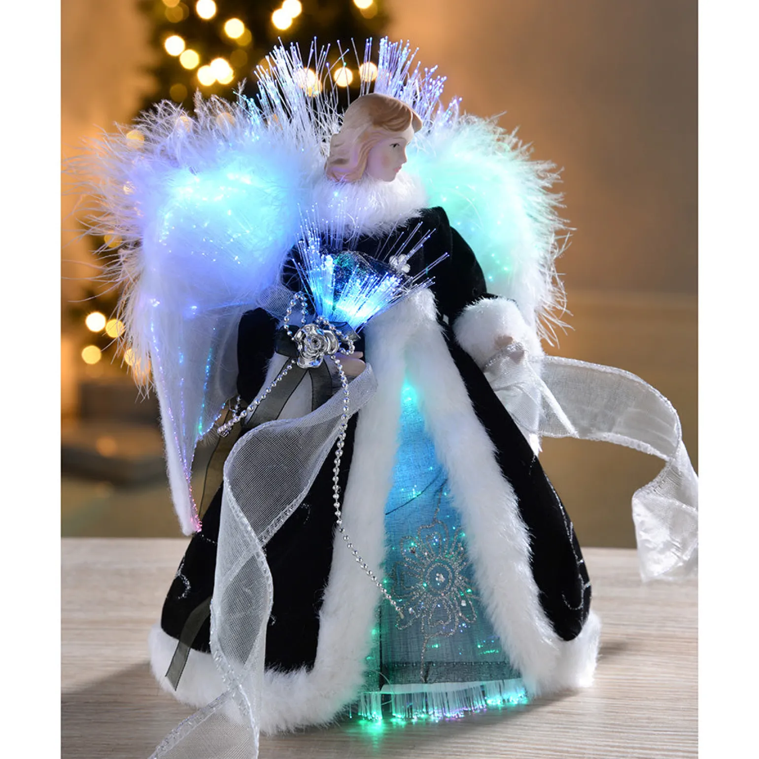 Fibre Optic Angel Christmas Tree Topper, Black/Silver, 25 Cm