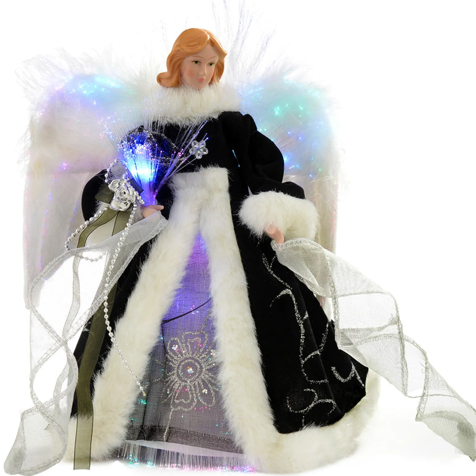 Fibre Optic Angel Christmas Tree Topper, Black/Silver, 25 Cm