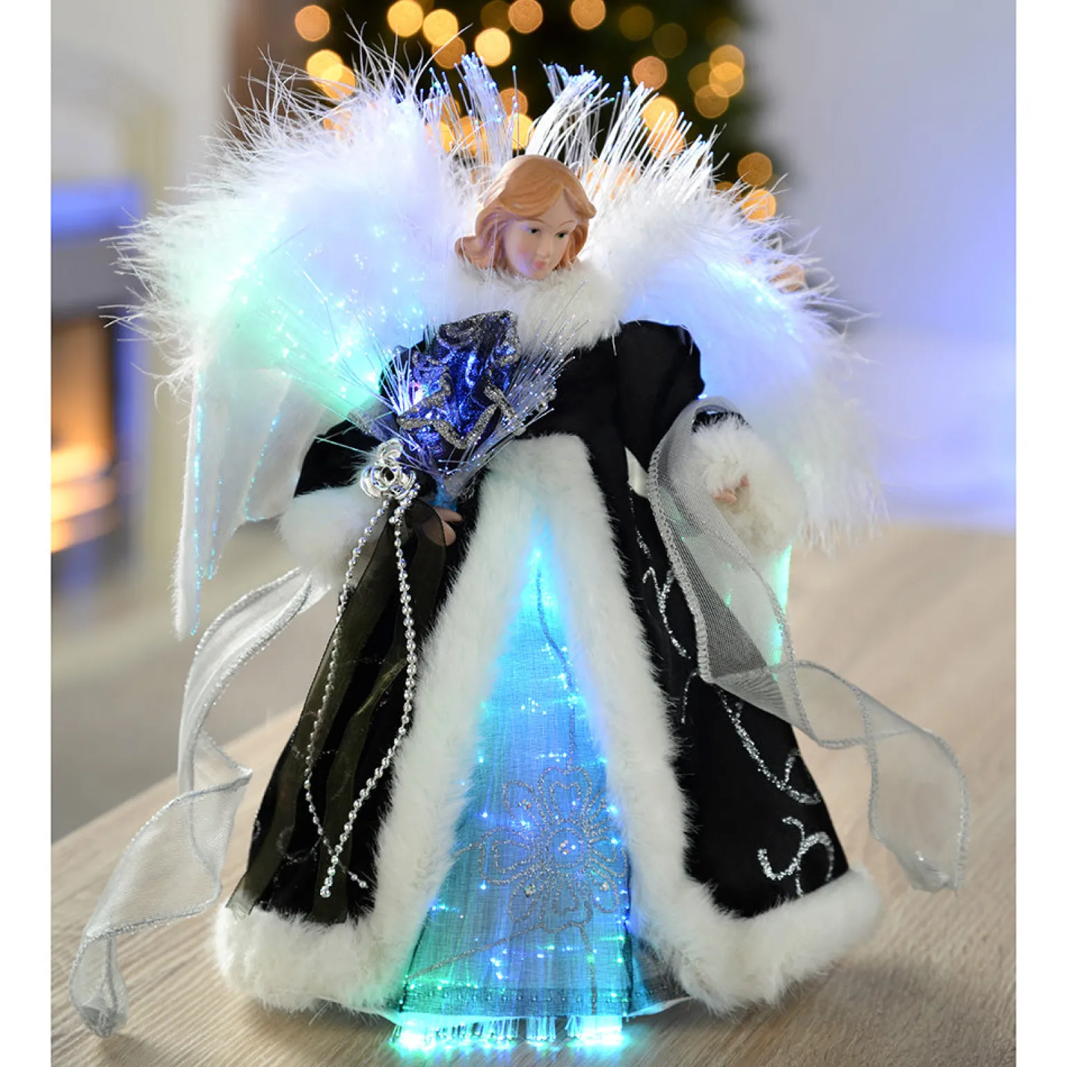 Fibre Optic Angel Christmas Tree Topper, Black/Silver, 25 Cm
