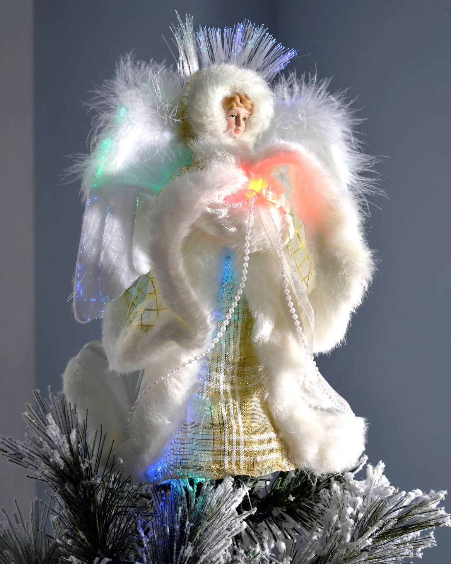 Fibre Optic Angel Christmas Tree Topper, Cream/Gold, 25 Cm