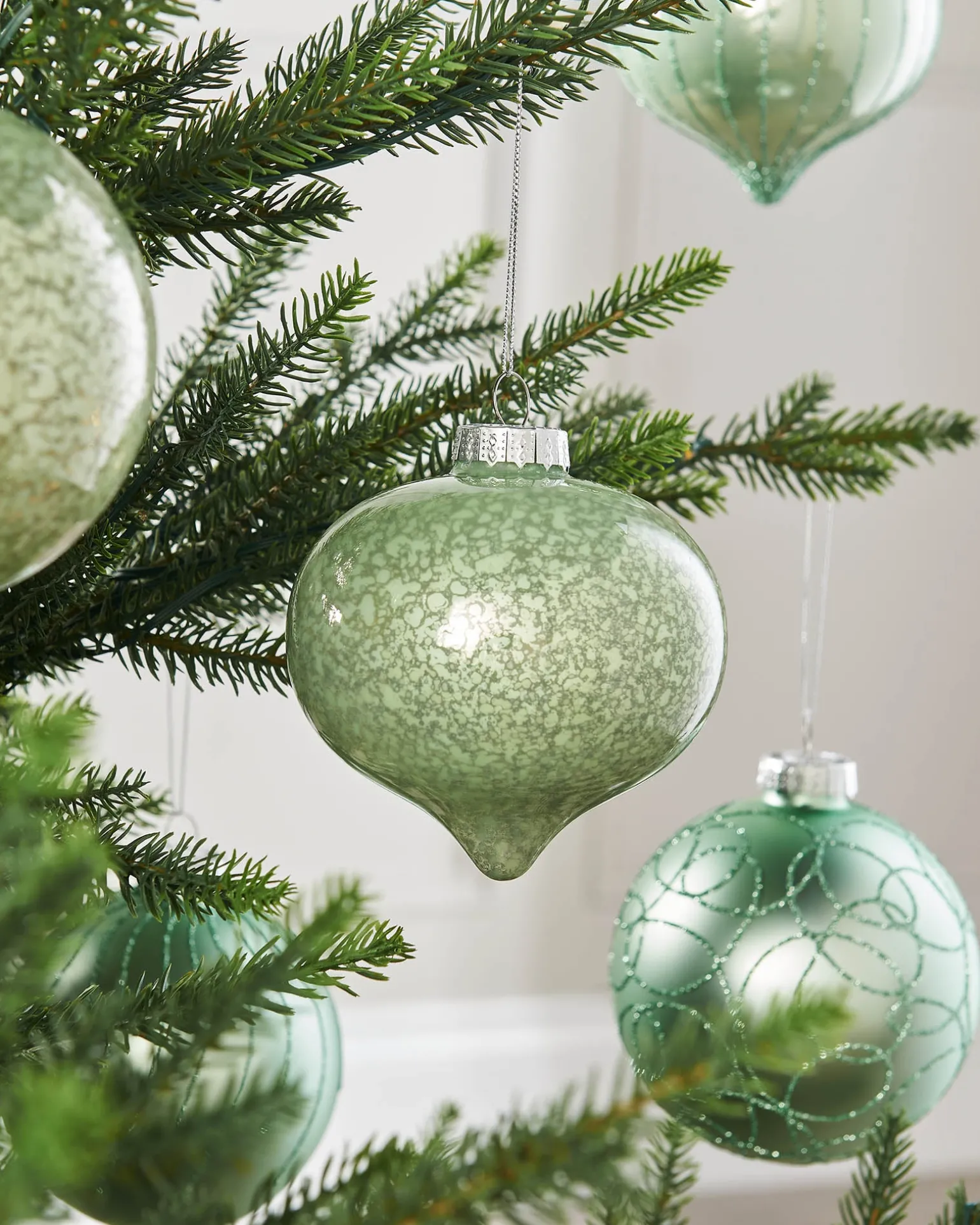 Mint Green Glass Baubles, 6 Pack, 10 Cm