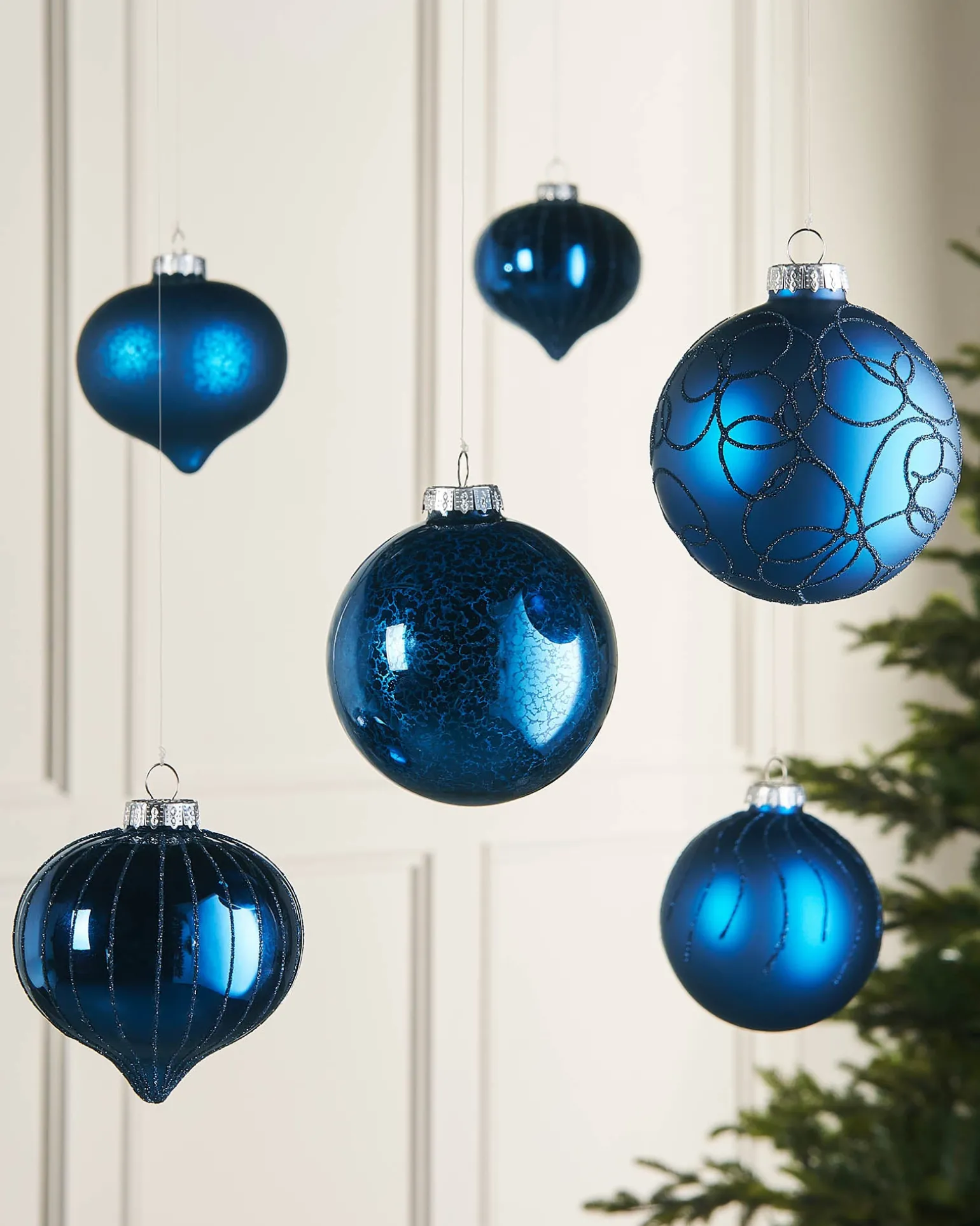 Navy Blue Glass Baubles, 6 Pack, 10 Cm