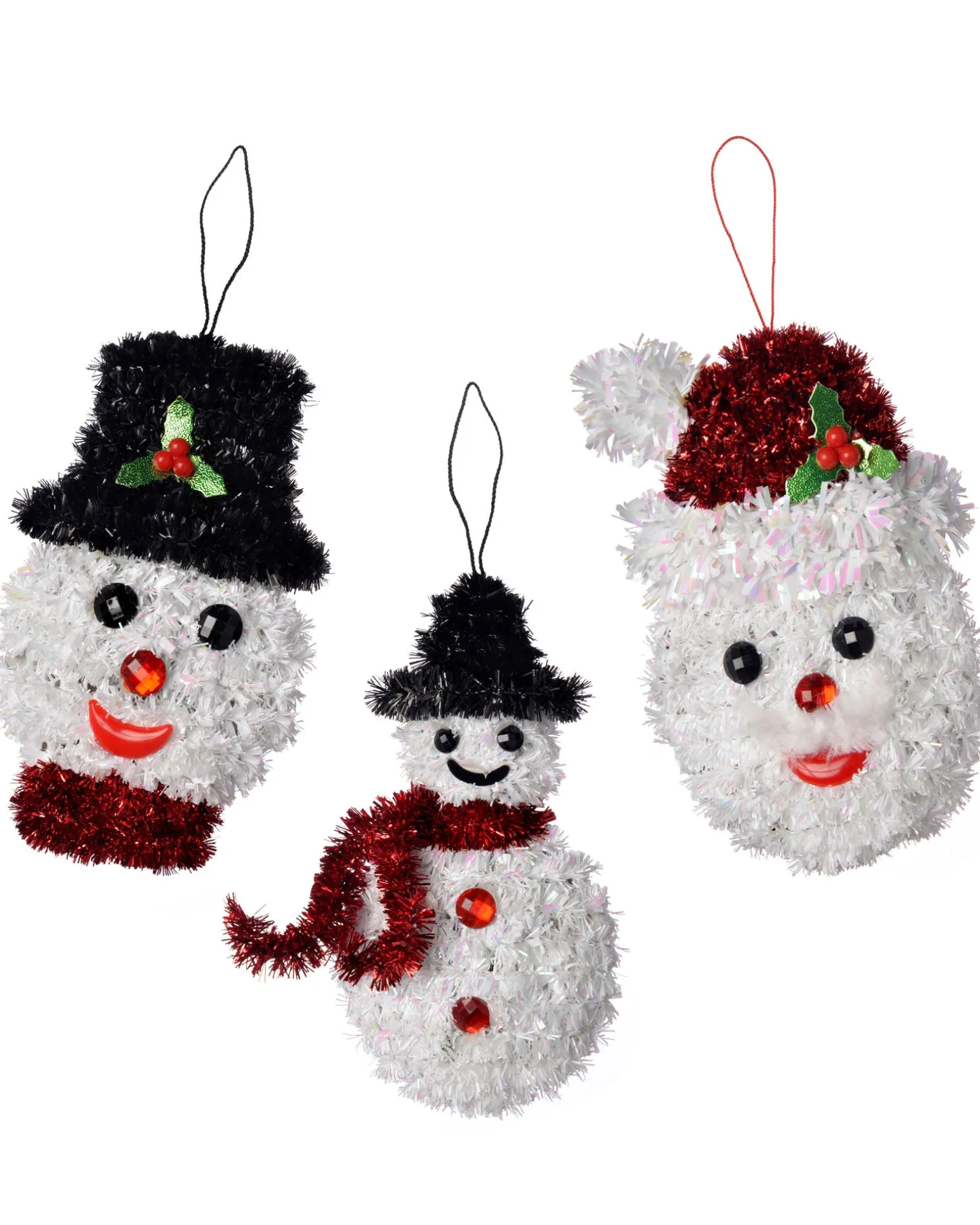 Pack Of 3 Hanging Tinsel Snowman Decorations, 16 Cm