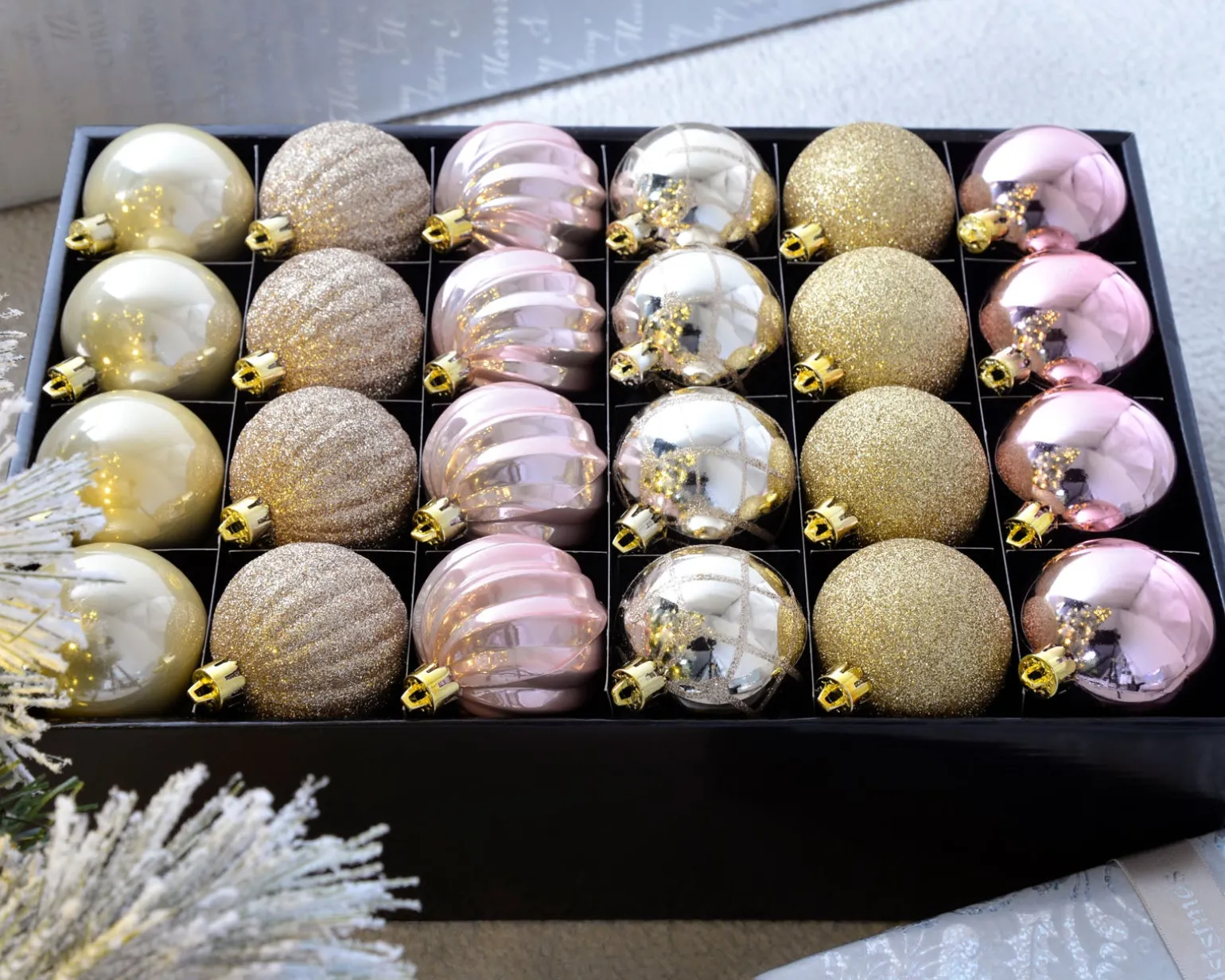 Pink/Champagne Shatterproof Baubles, 48 Pack, 6 Cm