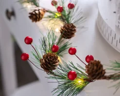 Pre-Lit 20 LED Pinecones & Berries Light String Garland, 6 Ft