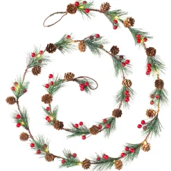 Pre-Lit 20 LED Pinecones & Berries Light String Garland, 6 Ft