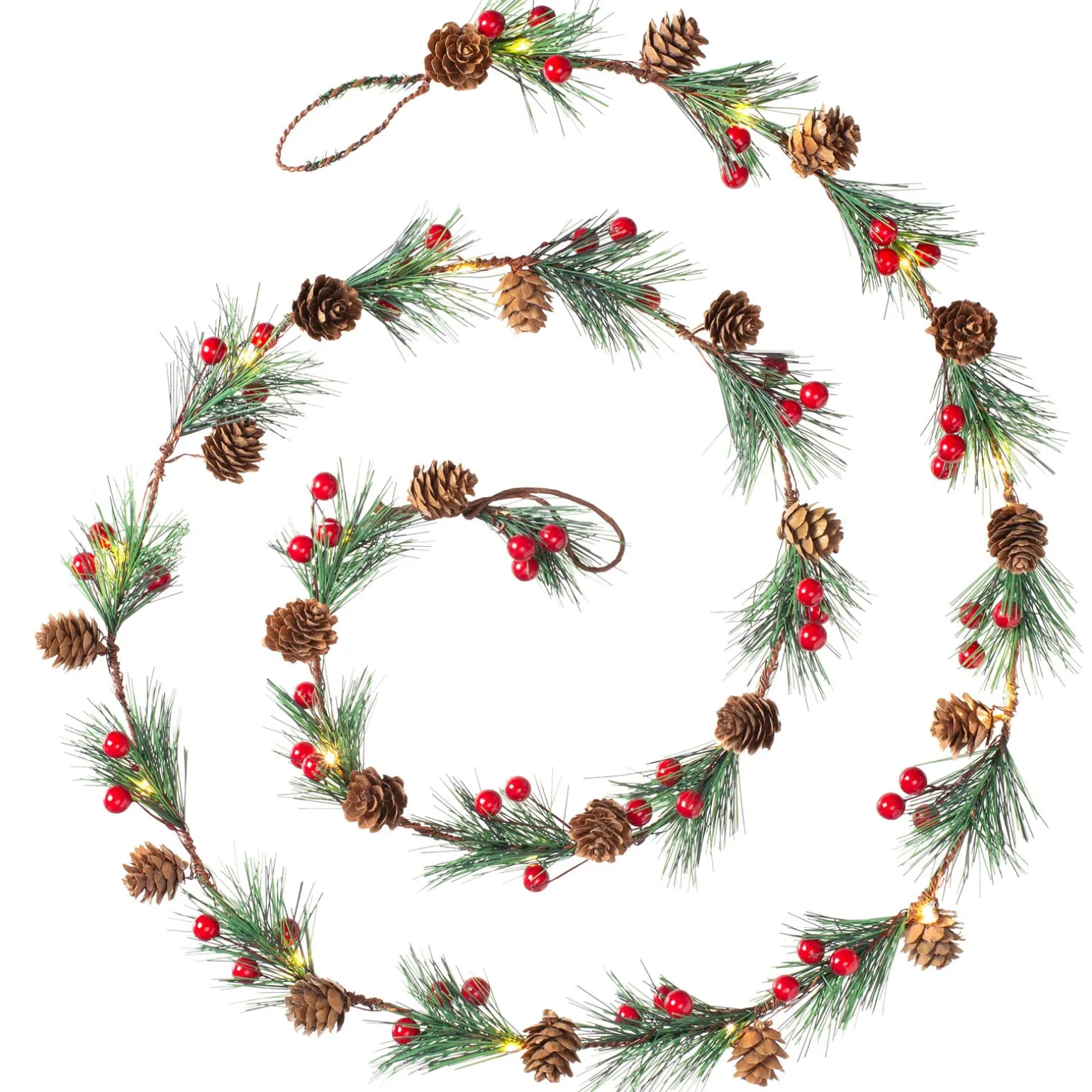Pre-Lit 20 LED Pinecones & Berries Light String Garland, 6 Ft