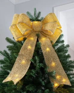 Pre-Lit Bow Tree Topper, Gold, 60 Cm