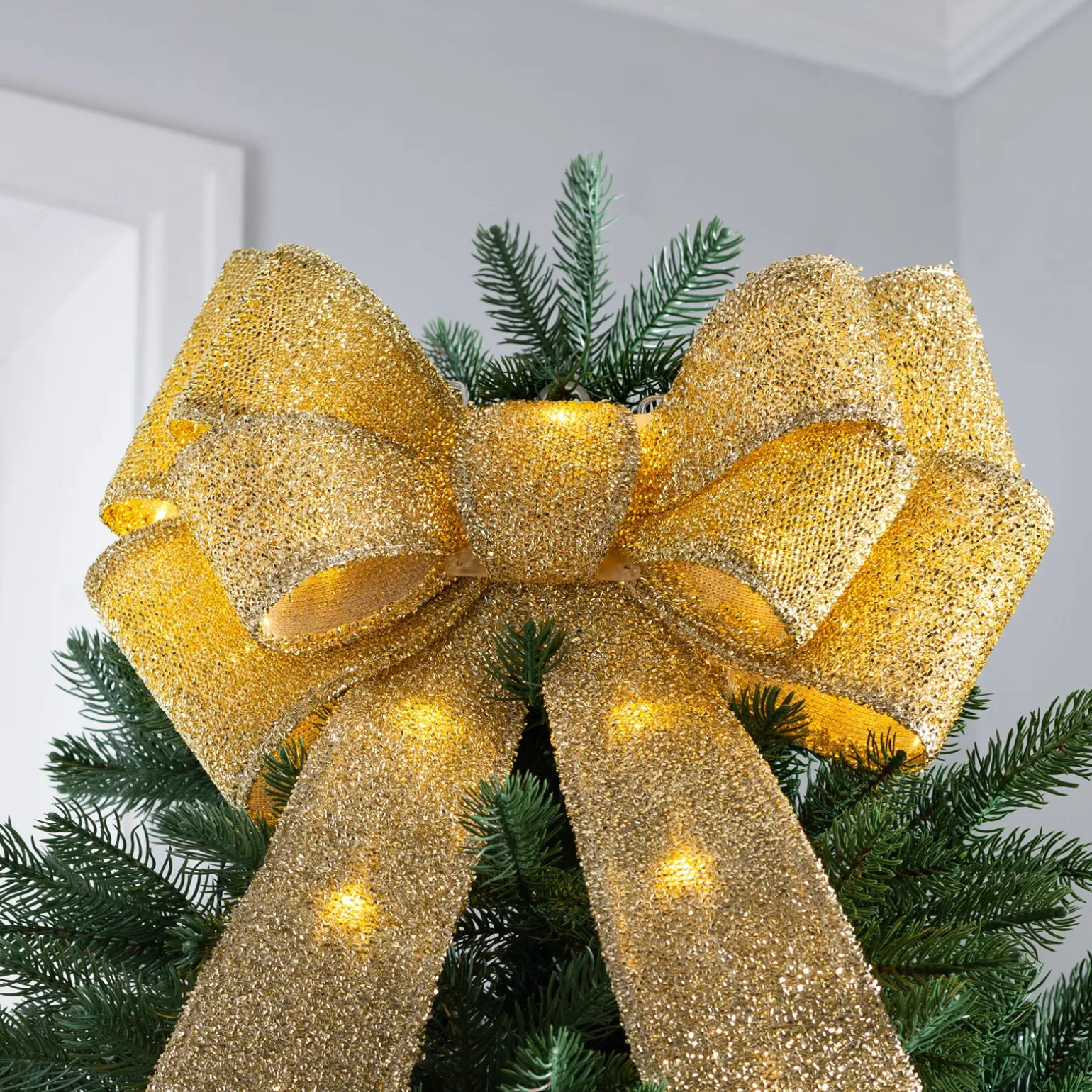 Pre-Lit Bow Tree Topper, Gold, 60 Cm