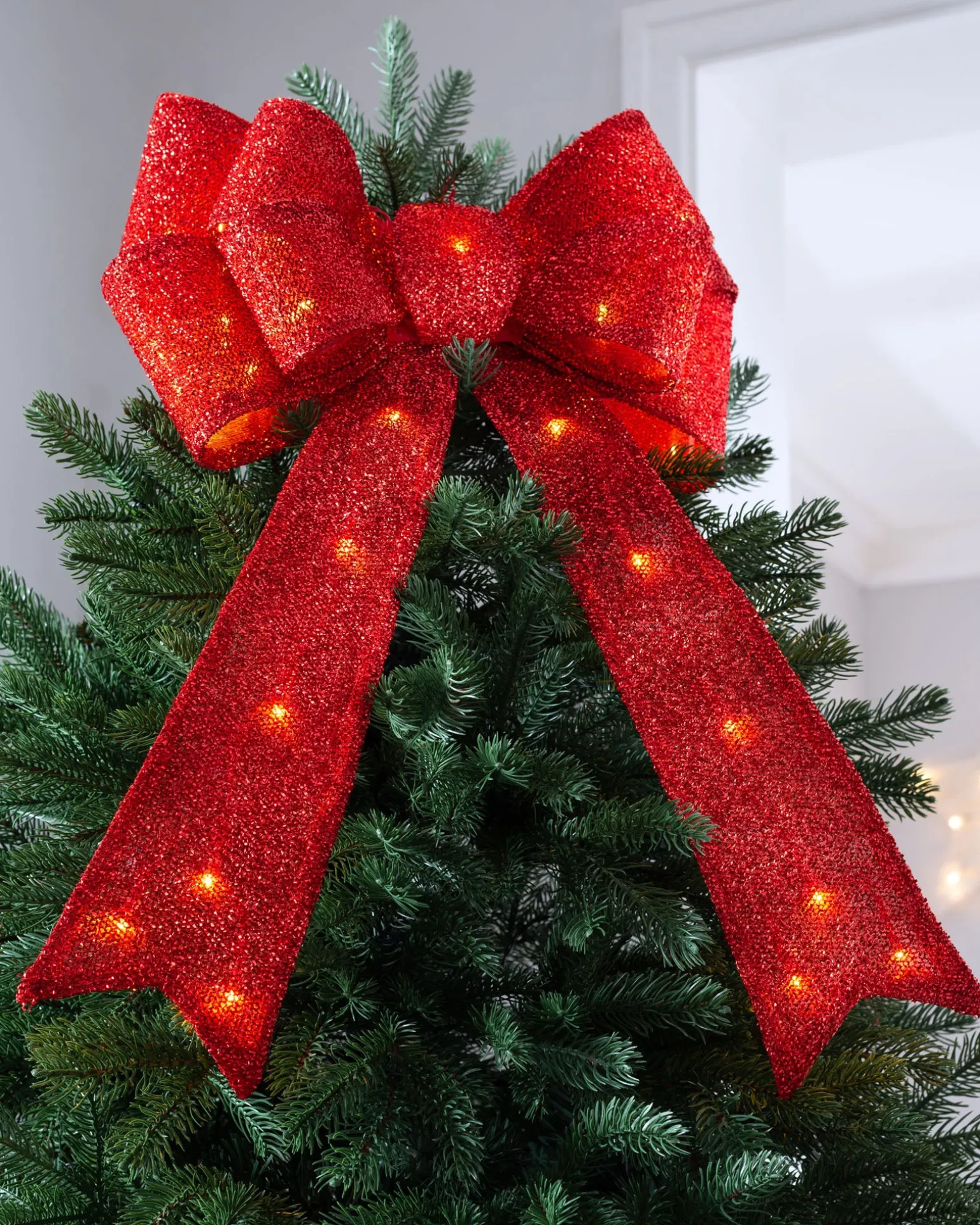 Pre-Lit Bow Tree Topper, Red, 60 Cm
