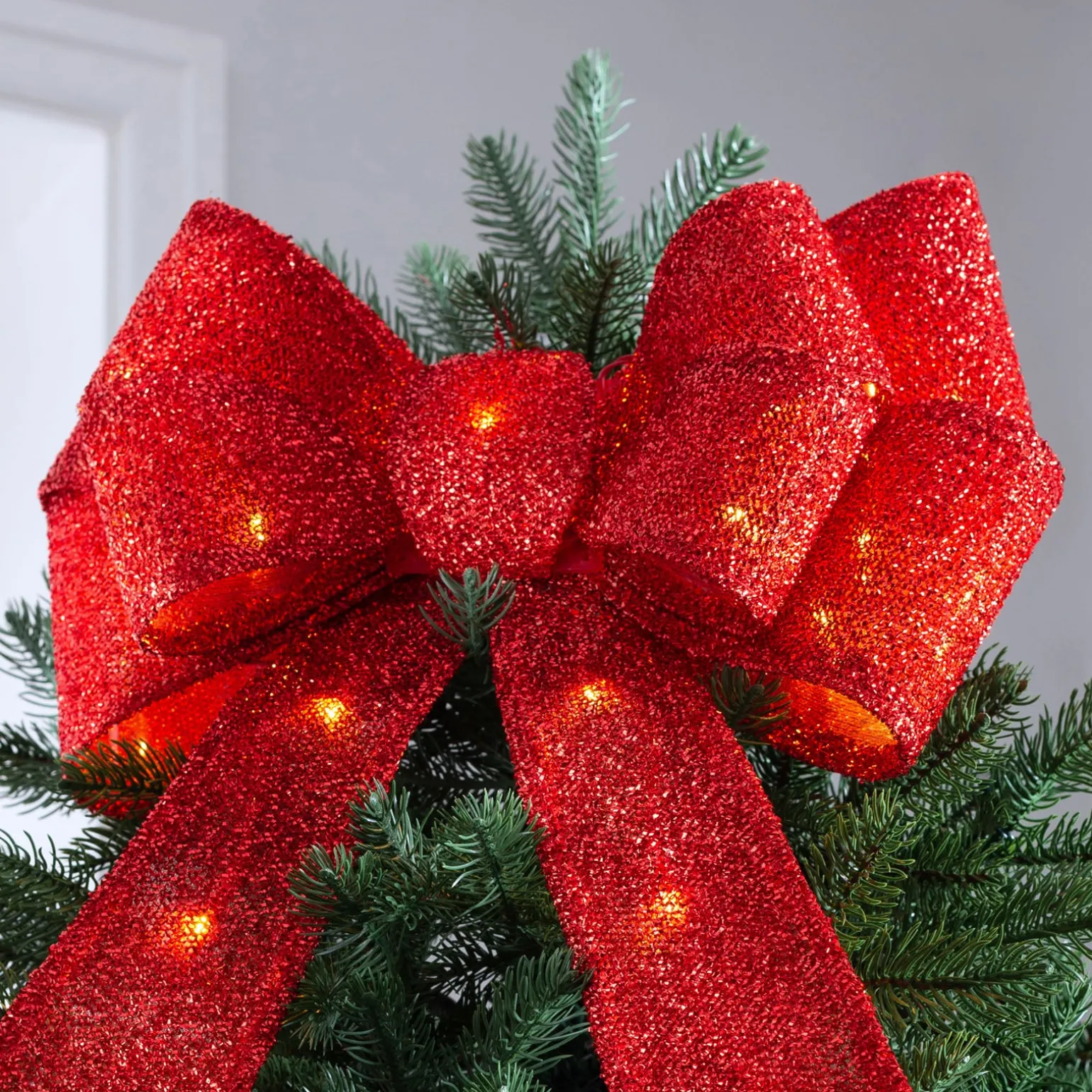 Pre-Lit Bow Tree Topper, Red, 60 Cm