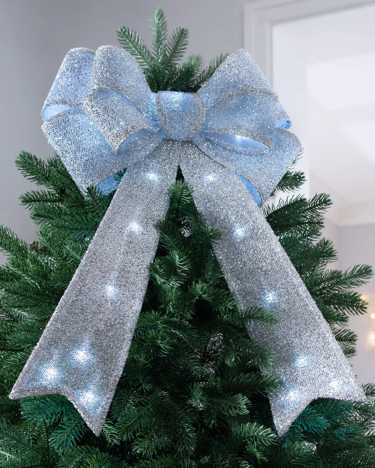 Pre-Lit Bow Tree Topper, Silver, 60 Cm
