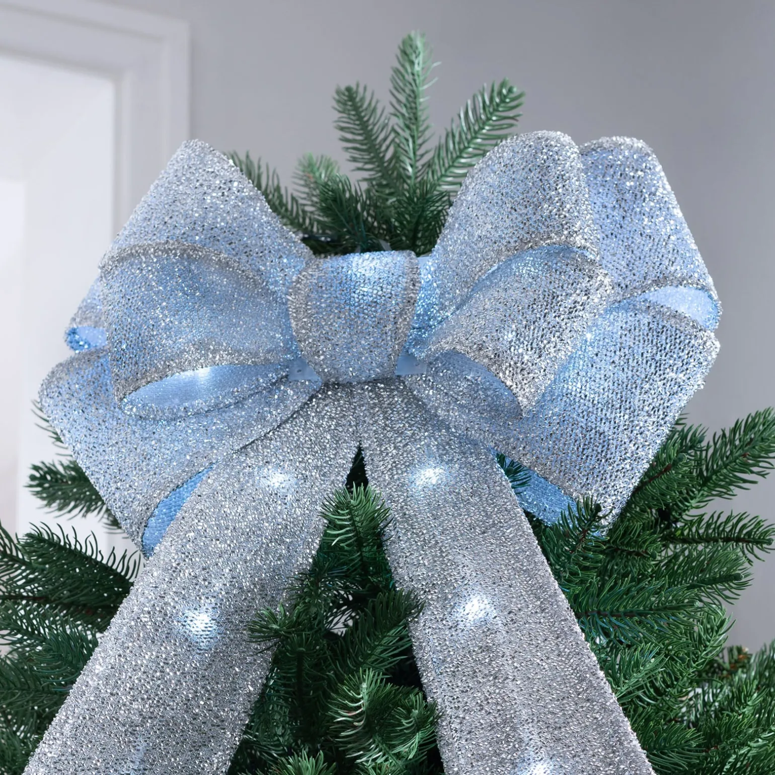 Pre-Lit Bow Tree Topper, Silver, 60 Cm