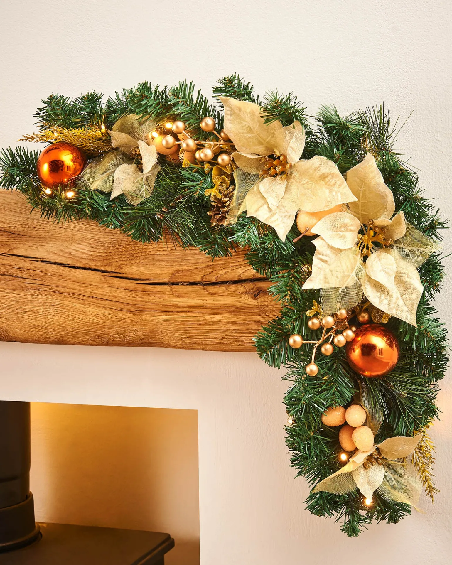 Pre-Lit Decorated Arch Garland With 20 Warm White LEDs, Copper/Gold, 3 Ft