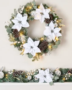 Pre-Lit Decorated Frosted Wreath, White/Silver, 60 Cm