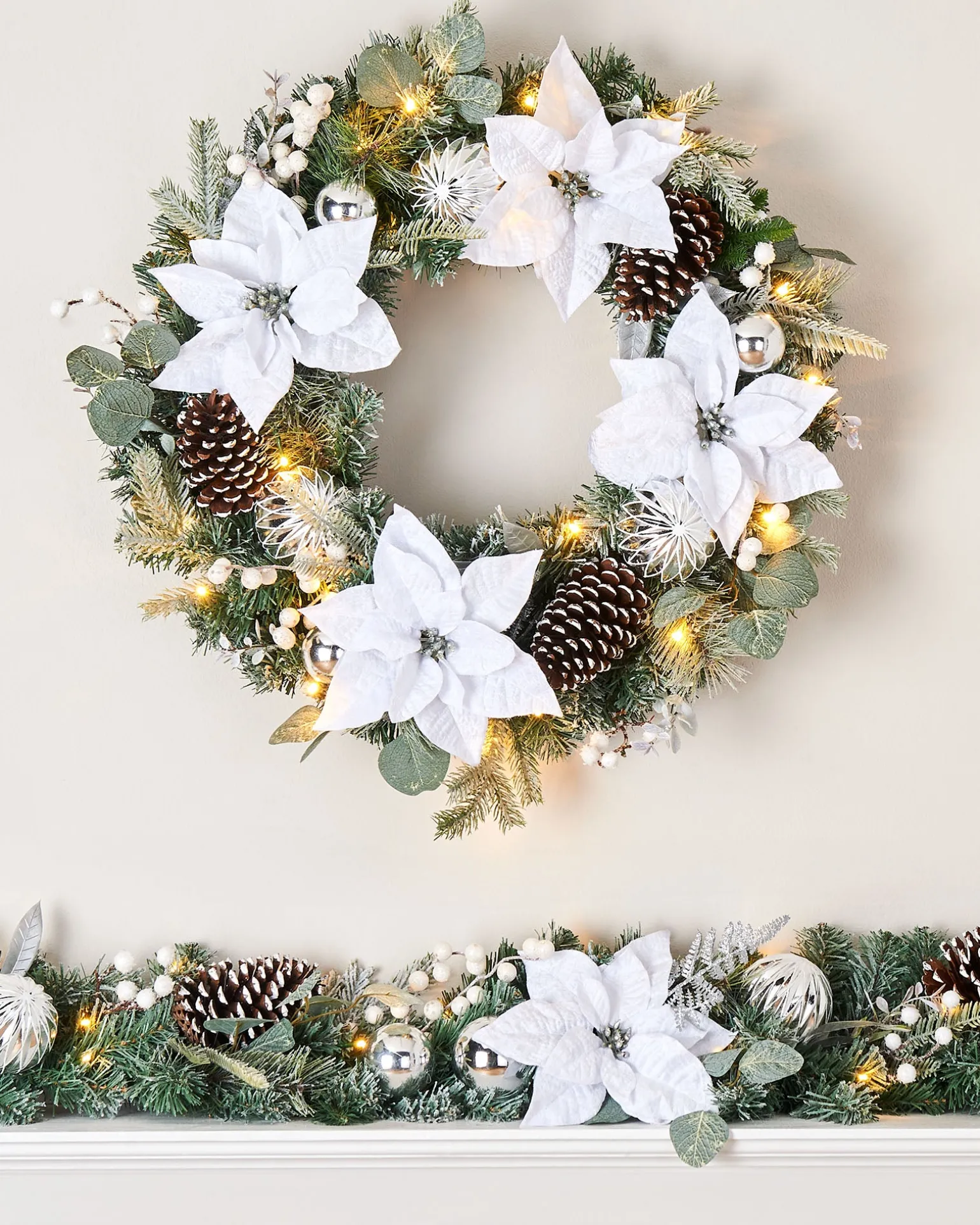 Pre-Lit Decorated Frosted Wreath, White/Silver, 60 Cm