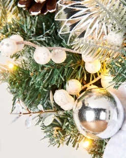 Pre-Lit Decorated Frosted Wreath, White/Silver, 60 Cm