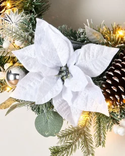 Pre-Lit Decorated Frosted Wreath, White/Silver, 60 Cm