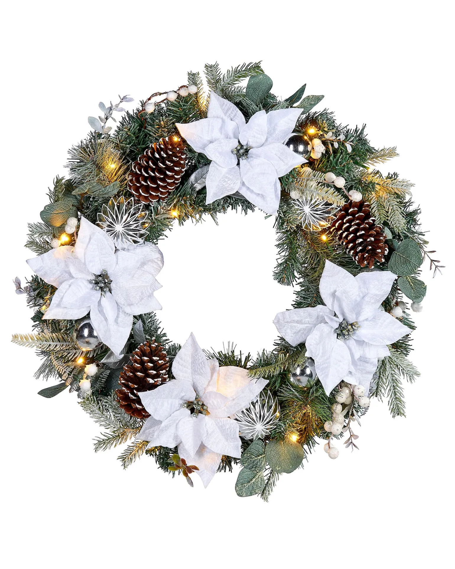 Pre-Lit Decorated Frosted Wreath, White/Silver, 60 Cm