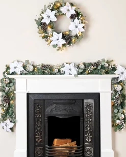 Pre-Lit Decorated Frosted Wreath, White/Silver, 60 Cm