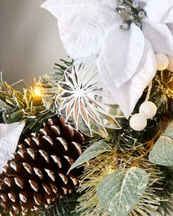 Pre-Lit Decorated Frosted Wreath, White/Silver, 60 Cm
