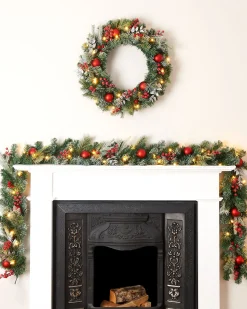 Pre-Lit Decorated Frosted Wreath, 60 Cm