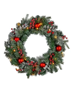 Pre-Lit Decorated Frosted Wreath, 60 Cm