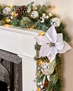 Pre-Lit Decorated Frosted Garland, White/Silver, 9 Ft