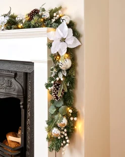 Pre-Lit Decorated Frosted Garland, White/Silver, 9 Ft