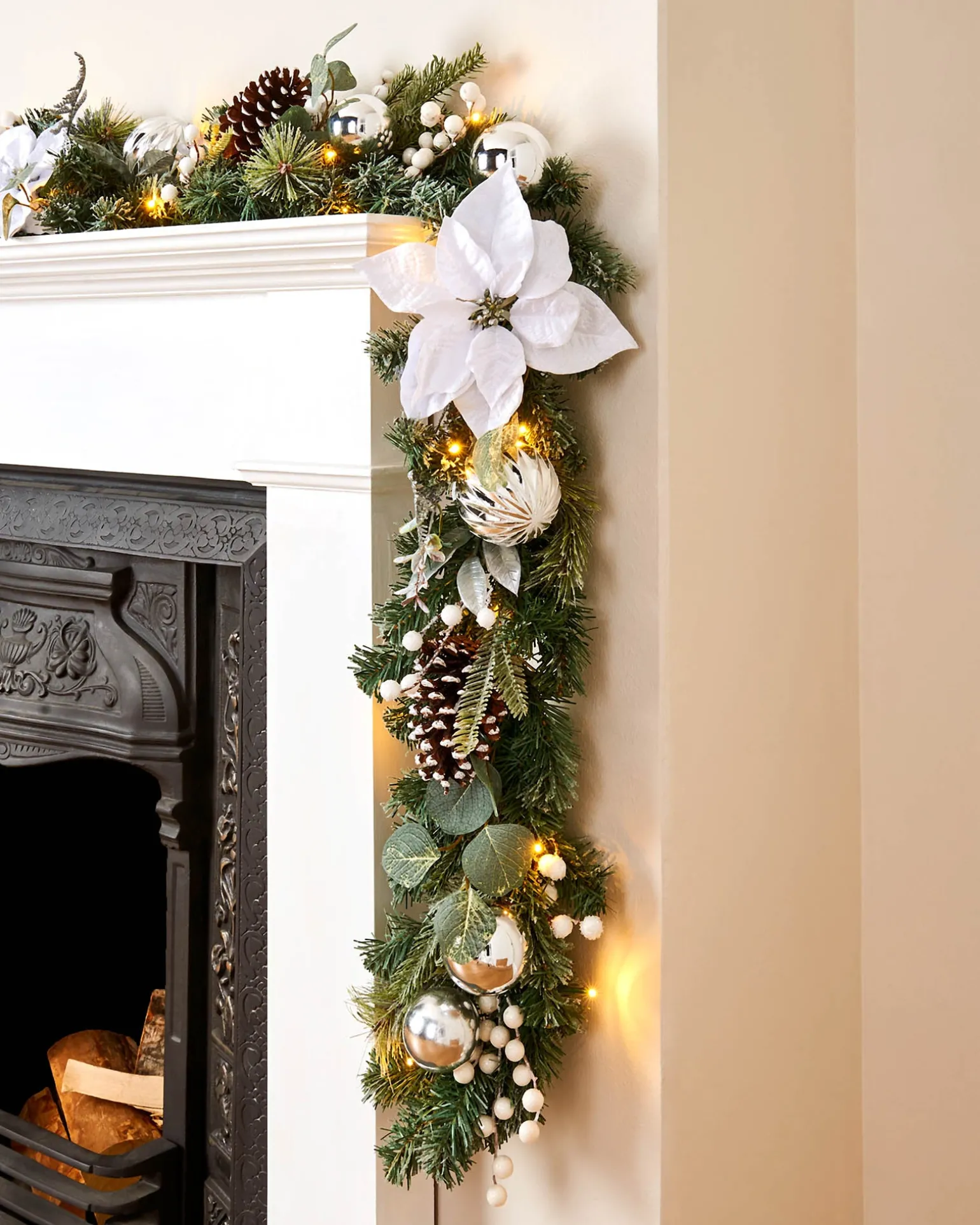 Pre-Lit Decorated Frosted Garland, White/Silver, 9 Ft