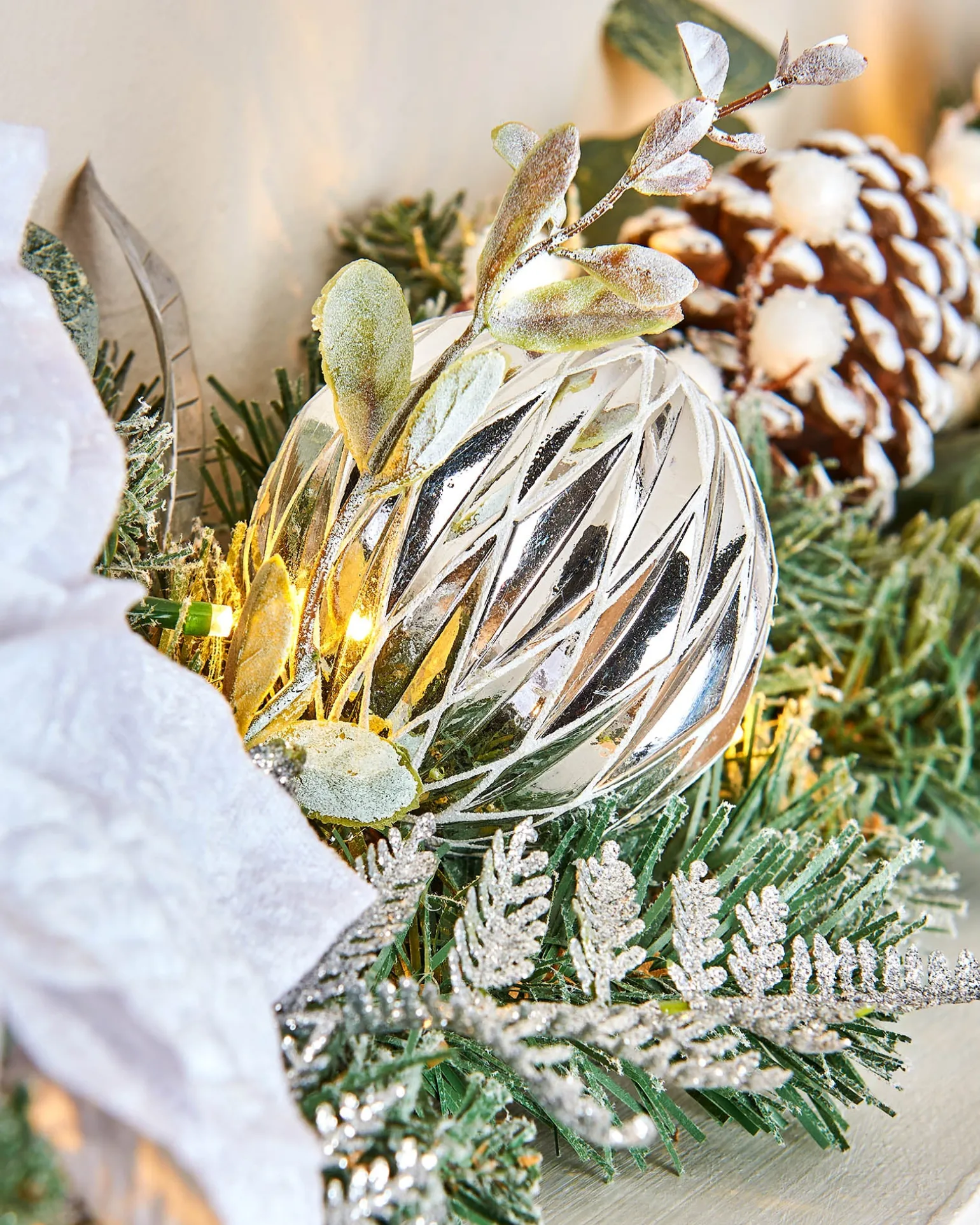 Pre-Lit Decorated Frosted Garland, White/Silver, 9 Ft