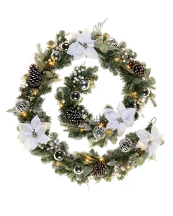 Pre-Lit Decorated Frosted Garland, White/Silver, 9 Ft