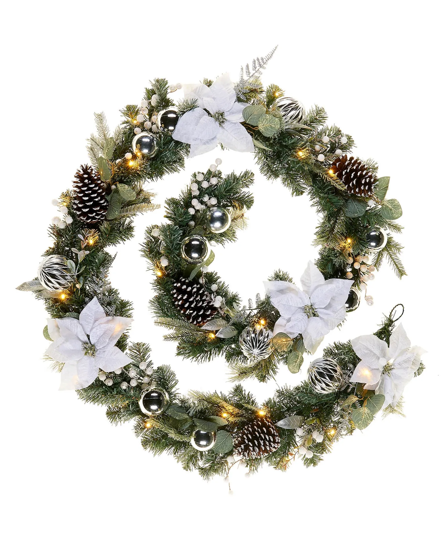 Pre-Lit Decorated Frosted Garland, White/Silver, 9 Ft