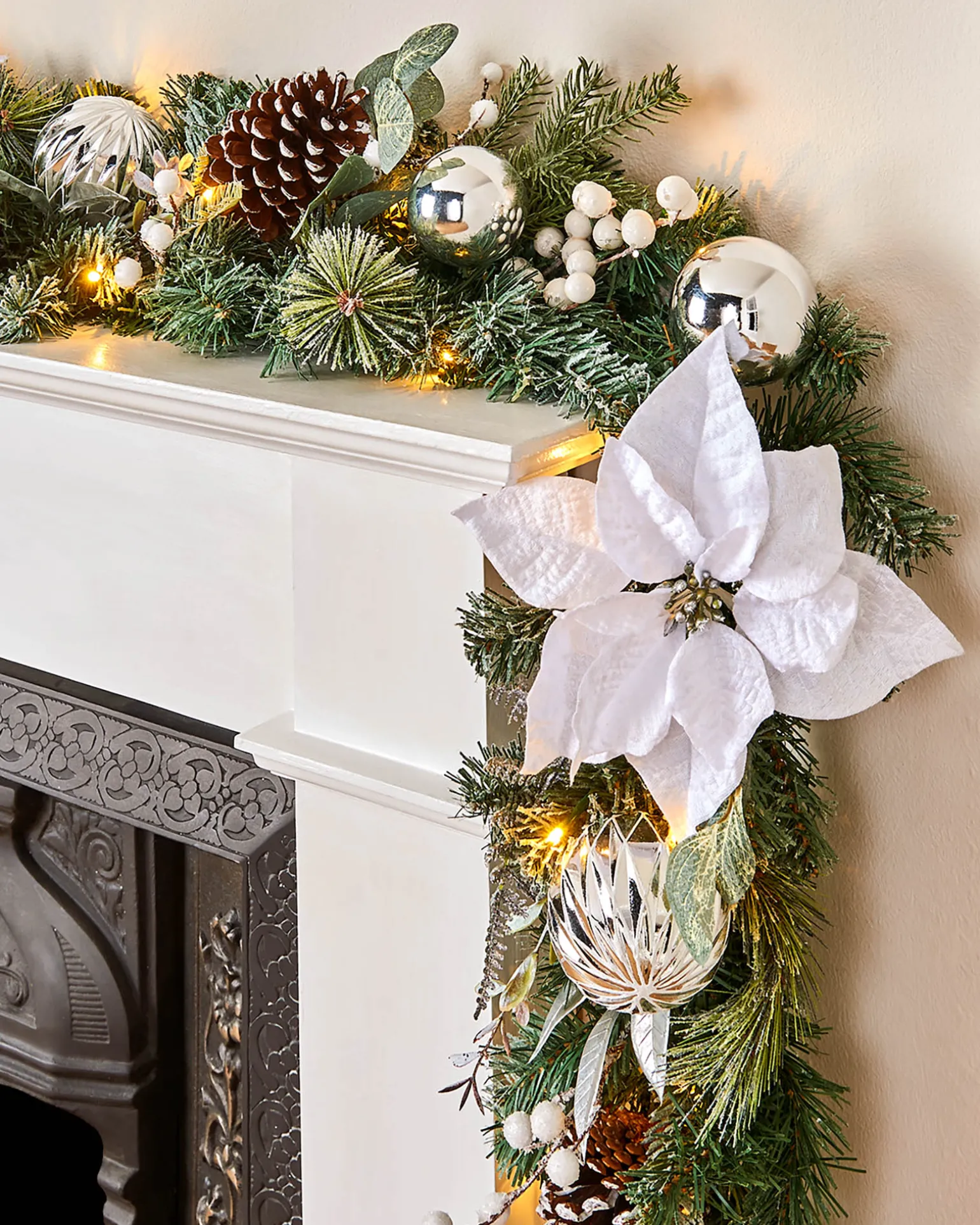 Pre-Lit Decorated Frosted Garland, White/Silver, 9 Ft