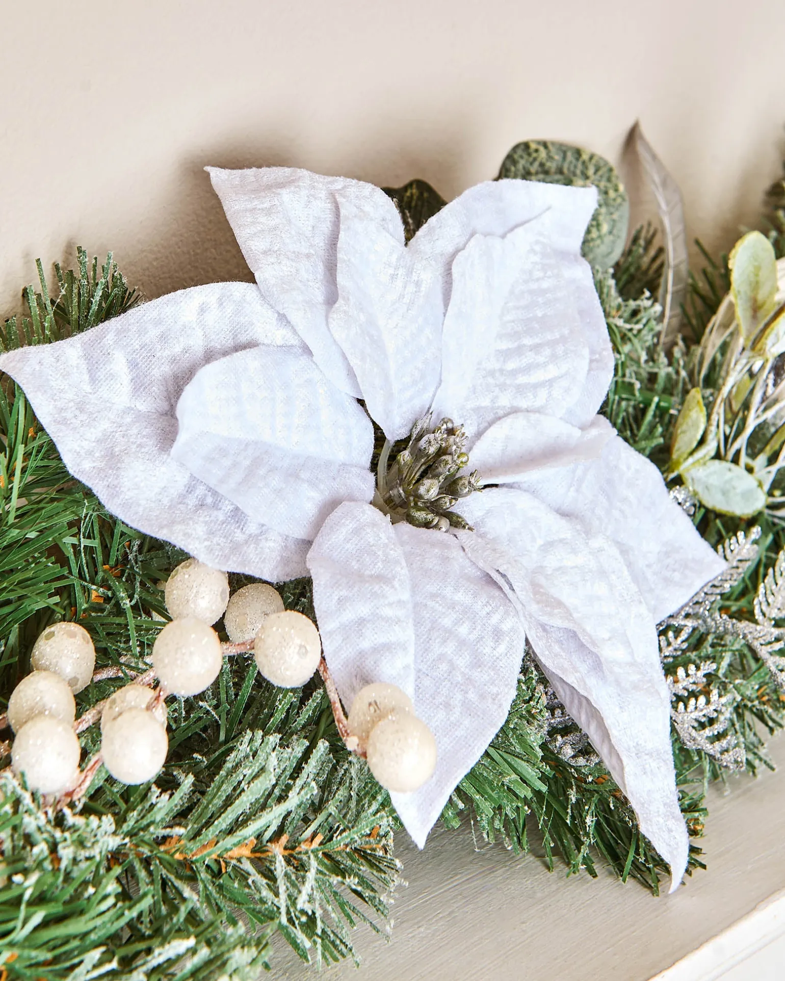 Pre-Lit Decorated Frosted Garland, White/Silver, 9 Ft